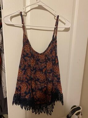 Rue21 Navy and Orange Paisley Lace-Hem Camisole